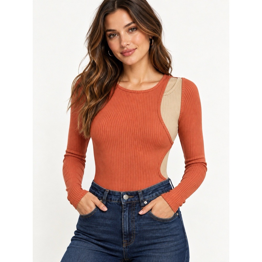 Cloud Ten Ribbed Cutout Bodysuit Women's L Terracotta Long Sleeve Y2K